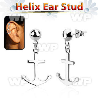 hexvd22 925 silver helix earstud w dangling plain anchor