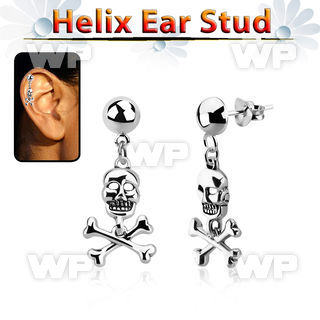 hexvd28 925 silver helix earstud w dangling skull w crossed bone