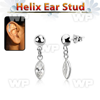 hexvd29 silver helix ear stud w dangling marqui shaped cz stone