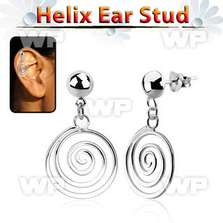 hexvd32 925 silver helix earstud w dangling swirl
