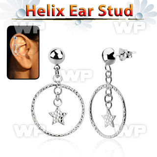 hexvd33 925 silver helix earstud w a star in a circle dangling