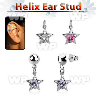 hexvd45 plain 925 silver helix ear stud w a dangling star w czs