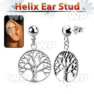 hexvd4 925 silver helix ear stud w dangling tree of life symbol