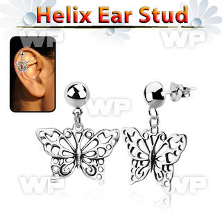 hexvd5 925 silver helix ear stud w dangling silver butterfly