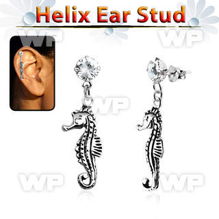 hexzd13 925 silver helix earstud w cz dangling silver sea horse