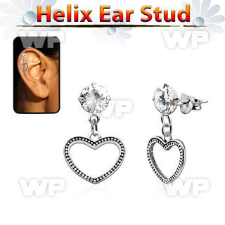 hexzd24 925 silver helix earstud w cz a heart shaped dangling