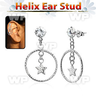 hexzd33 925 silver helix earstud w cz star in circle dangling