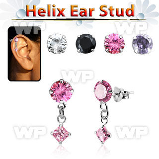 hexzd38 silver helix ear stud w dangling 3mm square prongset cz 