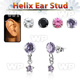hexzd39 silver helix ear stud w dangling 3mm star prongset cz 