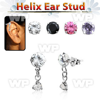 hexzd40 silver helix ear stud w dangling 3mm heart prongset cz 