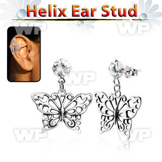 hexzd5 925 silver helix earstud w cz dangling silver butterfly