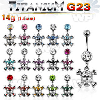 hj61320 g23 titanium belly ring dangling crystal skull design belly piercing