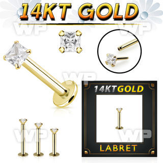 ib4gv 14k gold labret 3mm prong set square cubic zirconia cz stone