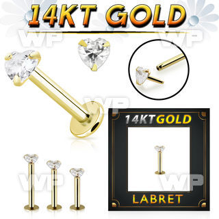 ib4gx 14k gold labret 3mm prong set heart cubic zirconia cz stone