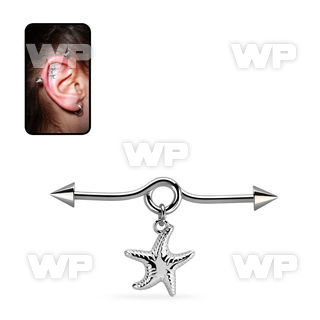 incnd16 steel industrial loop barbell w cone dangling starfish