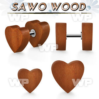 ipswht sawo wood fake plug in heart shape with 316l steel post