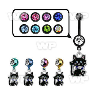 j12spz ion plated steel belly ring l dangling black cat length belly piercing