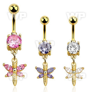 j1ige gold plated steel belly ring w dangling butterfly cz ston belly piercing