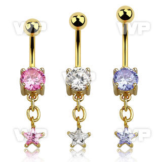 j1igskz gold plated steel belly ring w dangling prong set star belly piercing
