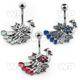 j6100k steel belly ring crystal studded peacock design on the belly piercing