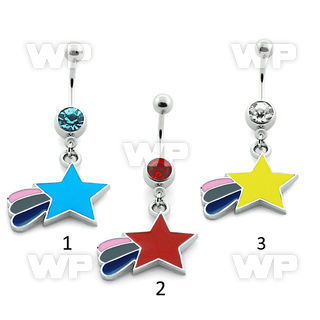 j610ep steel belly ring w dangling painted falling star design belly piercing