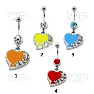 j610pl steel belly ring w dangling painted heart crystals design belly piercing