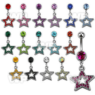 j610tt steel belly ring w dangling crystal studded star length belly piercing