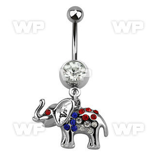 j610yl4 steel belly ring w dangling elephant crystals in an usa belly piercing