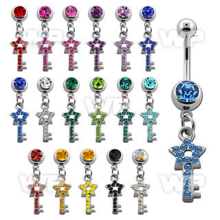 j613r2n steel belly ring w dangling star key design crystals leng belly piercing