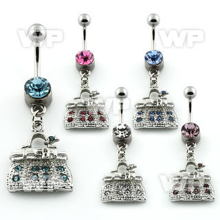 j614i6k steel belly ring w dangling h bag design crystals length belly piercing