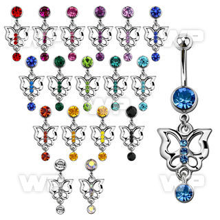 j614k steel belly ring w dangling butterfly dangling round crys belly piercing
