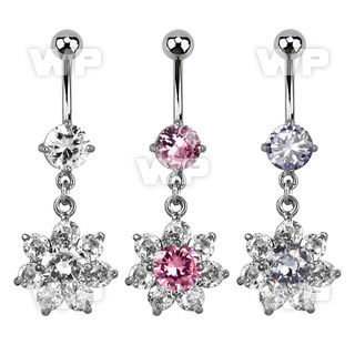 j61g0y steel belly ring w dangling cz flower design length 10mm belly piercing