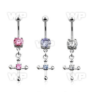 j61ge03 steel belly ring w dangling small dangling cross tiny belly piercing