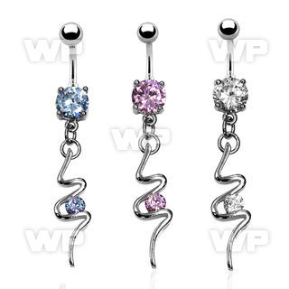 j61gez steel belly ring w dangling swirlround cz stone length belly piercing