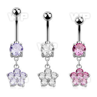 j61gk9z steel belly ring w dangling dangling cz flower design belly piercing