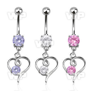j61gs9 steel belly ring w dangling stylish heart shape round cz belly piercing