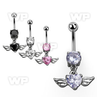 j61gsty steel belly ring w dangling dangling heart shaped cz belly piercing