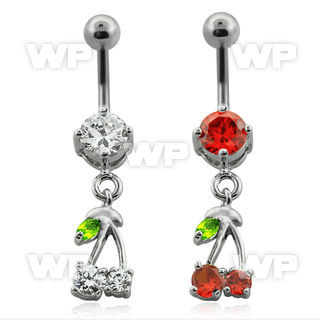 j61gzt9 steel belly ring w dangling dangling red cherry green belly piercing