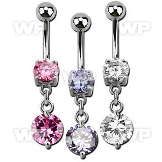 j61gztz steel belly ring w dangling twin prong set 10mm cz stone belly piercing