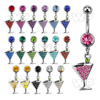 j61j7ak steel belly ring w dangling crystal martini glass length belly piercing