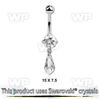 j61lez steel belly ring w dangling long drop shaped swarovski belly piercing