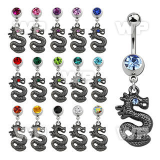 j61lke2 316l steel belly ring w a dangling black dragon w crystal belly piercing