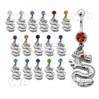 j61lke steel belly ring w 8mm jewel ball dangling dragon cryst belly piercing