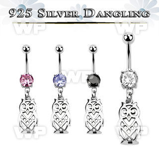 j61q1es steel belly ring w dangling silver 925 owl belly piercing