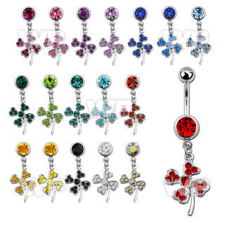 j61s0e steel belly ring w dangling crystal studded shamrock leaf belly piercing
