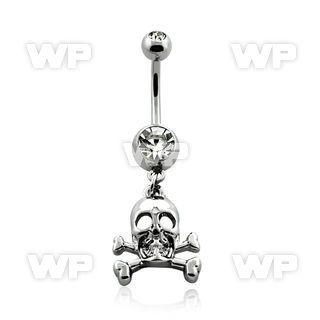 j61s0s steel belly ring w dangling skull crossed bones length belly piercing