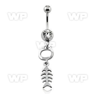 j61s0y steel belly ring w dangling fish skeleton design length belly piercing