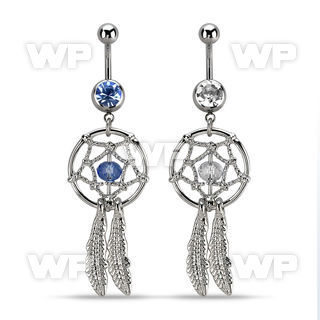 j61skz steel belly ring w dangling crystal dreamcatcher feathers belly piercing