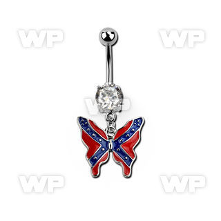 j61spyf steel belly ring w dangling dangling butterfly in color belly piercing