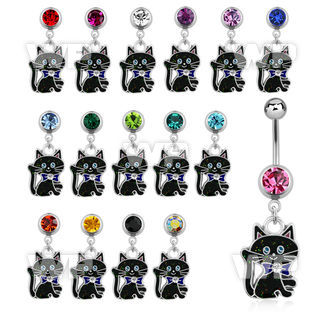 j61spz steel belly ring w dangling black cat designcrystal on belly piercing